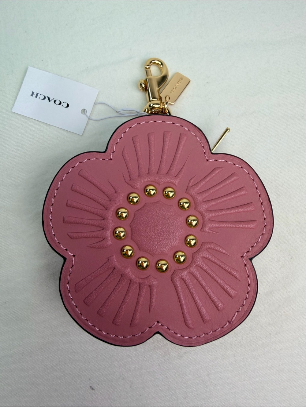 Coach Tea Rose Pink Flower Leather Keychain Bag Charm CBD15